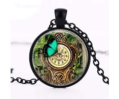 VAWAA Steampunk Garden Reloj Colgante Collar Mariposa Collar Jardín Retro Vintage Steam Punk Collar Accesorios