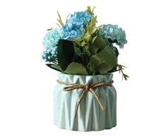 Flores Hortensia Artificiales con Macetero,Ramo de Flores de Seda Artificiales con Jarron de Cerámica para de Bodas, Fiestas, hogar y al Aire Libre (Azul)