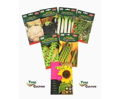Semillas hortaliza de huerto lote 6 sobres + 1 de regalo. Lote: coliflor alba, berenjena redonda, puerro, perejil común, col de Bruselas enana y esparrago. Regalo: Girasol gigante.