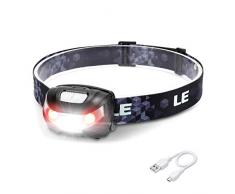 LE Linterna frontal USB recargable, 5 Modos de luz, con luz roja, Regulable y ligero, Cable incluido