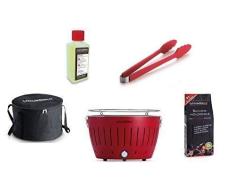LotusGrill - Barbacoa con conexión USB, 1 carbón de haya de 1 kg, 1 pasta de combustión de 200 ml, 1 pinzas de salchicha rojo fuego y 1 bolsa de transporte - la barbacoa de carbón vegetal sin humo, rojo fuego