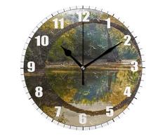 Zseeda 25cm (9.8) Redondo Reloj de Pared Silencioso No Tick Tack Ruido Reloj de Pared Jardín Estanque Árbol Otoño Piedra Arco Rayos Sol Verano Planta Tema