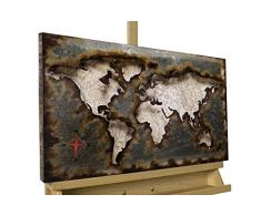 Kunstloft Extravagante Relieve de Pared de Metal We Stay United 60x40x4cm | Decoración XXL Escultura | Mapa del Mundo Tierra Continente marrón | Cuadro Hecho a Mano Imagen Mural de Arte Moderno