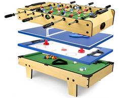 Leomark Mesa Multifuncional Multijuegos Futbolin Mesa de Juego 4 en 1 (Futbolín, Billar, Tenis, Hockey) Buena Diversión para Niños Deporte Madera