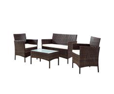 EBS Conjunto de Muebles Ratán de Jardin o Terraza 4 Piezas con Cojines Blancos - 1 Mesa de Café 1 Sofá Biplaza y 2 Sillas/Color Marrón