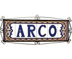 Letreros con numeros y letras en azulejo de ceramica policromada, pintados a mano en técnica cuerda seca para placas con nombres, direcciones y señaléctica. Texto personalizable. Diseño ARCO GRANDE 14,9 cm x 7,4 cm. (NUMERO CERO "0")