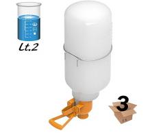 3 bebederos de 2 litros para ornitología, pájaros, canarios, pajareras y similares.Útil para jaulas de grandes dimensiones y pajareras, con anillo de sostén del depósito de agua y comedero.