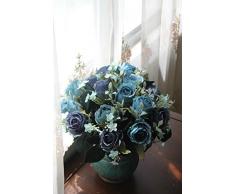 Sin Marca Ramo Flor Rosa Artificial Multicolor de Seda Poner Mixto Decoraci¨®n de Casa, Hotel, Boda(3 ramos de 5 rosas azules)