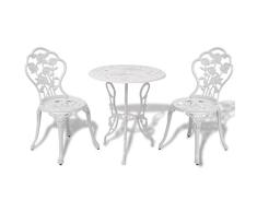 SHENGFENG Conjunto de Bistró Blanco,Mesa de Jardín de 1 Mesa Redonda y 2 Sillas,de Aluminio Fundido + Hierro Fundido 59 x 59 x 62 cm