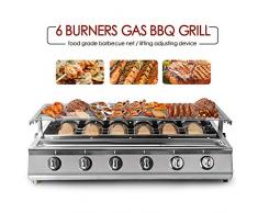 6 quemadores para barbacoa LPG, parrilla de gas, protección de cristal sin humo, acero inoxidable, para pícnic al aire libre, altura regulable