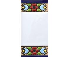 Letreros con números y letras en azulejo de cerámica policromada, pintados a mano en técnica cuerda seca para placas con nombres, direcciones y señaléctica. Texto personalizable. Diseño FLORES MINI 7,3 cm x 3,5 cm. (ESPACIO "BLANCO")