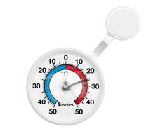 Termómetro analógico bimetal, exterior, adhesivo, para ventana, indicador de temperatura +/-50 °C con brazo giratorio. Plástico, color blanco.
