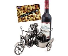 Brubaker - Soporte para botellas de vino, diseño de pareja de motos con vagones y perro, escultura de metal con tarjeta de regalo