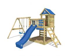 WICKEY Parque infantil de madera Smart Cave con columpio y tobogán verde, Casa de juegos de jardín con arenero y escalera para niños