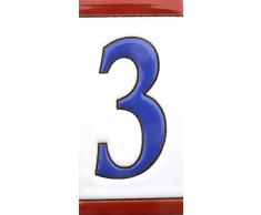 Números casa. Numeros y letras en azulejo de ceramica, pintados a mano en técnica cuerda seca para nombres, direcciones y señaléctica. Diseño USA MEDIANO 10,9 cm x 5,4 cm. (NUMERO TRES "3")