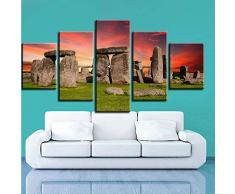 myvovo (Sin Marco) Decoración para el hogar Reloj de Pared Sala de Estar Moderno 5 Piezas de Piedra Paisaje Puesta de Sol Cuadros modulares Lienzo Imagen Cartel Arte Cartel Impresiones HD