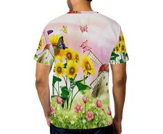 FANTAZIO - Camiseta de Manga Corta para Hombre, diseño de Flores y Molino de Viento, Cuello Redondo 1 XXL