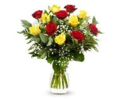 FLORESLOWCOST Ramo DE 12 Rosas Naturales EN Rojo Y Amarillo. AÑADE TU DEDICATORIA Personalizada. jarrón no Incluido.