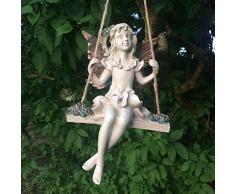 Hada del bosque flores colgante columpio de cuerda cobre blanco con alas Escultura Figura decorativa Art Deco niña jardín decoración para el hogar regalo H19 cm