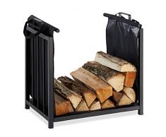 Relaxdays Leñero Interior con Bolsa, Diseño Moderno, Metálico, Chimenea, Almacenaje Leña, Acero, 50 x 51 x 37 cm, Negro