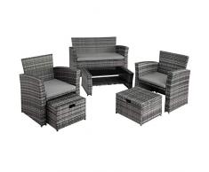 TecTake 800719 Conjunto de Ratán, 1 Sofá 2 Sillones 2 Taburetes 1 Mesa, Protección UV, Estructura Acero, Incl. Cojines Impermeables & Tablero Cristal (Gris | No. 403279)