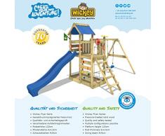 WICKEY Parque infantil de madera MultiFlyer con columpio y tobogán, Torre de escalada blu da exterior con arenero y escalera para niños