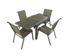 Conjunto para jardín Mesa Extensible 80/160 y 4 sillones apilables Respaldo 96 cm, Aluminio Color Gris y Cristal Gran Grosor Color taupé, 4 plazas