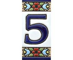 Números casa. Numeros y letras en azulejo ceramica policromada, pintados a mano técnica cuerda seca. Nombres y direcciones. Diseño FLORES MINI 7,3 cm x 3,5 cm. (NUMERO CINCO "5")