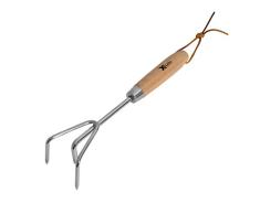 Xclou Rastrillo cultivador con Mango de Madera – Horca de Acero Inoxidable – Herramientas de Jardinería (3 Dientes, marrón de Plata, 43 x 7 x 5 cm, 341442