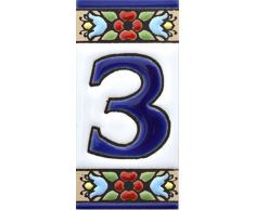 Letreros con numeros y letras en azulejo de ceramica, pintados a mano en técnica cuerda seca para nombres y direcciones. Texto personalizable. Diseño FLORES MINI 7,3 cm x 3,5 cm. (NUMERO TRES "3")