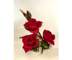 Composición De Flores En Porcelana, Tronco Con Rosas Rojas Hechas Y Decoradas A Mano De Estilo Capodimonte Napoleón Made In Italy