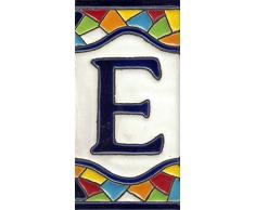 TORO DEL ORO Números casa. Numeros y Letras en azulejo. Ceramica esmaltada, Pintados a Mano técnica Cuerda Seca. Nombres y direcciones. Diseño Mosaico Mediana 5,5x10,5 cm (LetraE)