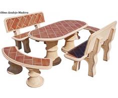 CONJUNTO MESA COMEDOR JARDIN DE PIEDRA ARTIFICIAL CON FIBRA Y AZULEJO . OLMO OCRE (MADERA)