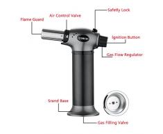 BOGAO Blow Linterna encendedor cocina butano culinaria chef linterna de cocina recargable ajustable encendedor de llama con bloqueo de seguridad para bricolaje, crema, bruleo, barbacoa y horneado, gas butano no incluido, negro