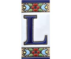 Letreros con numeros y letras en azulejo de ceramica policromada, pintados a mano en técnica cuerda seca para placas con nombres, direcciones y señaléctica. Texto personalizable. Diseño FLORES MINI 7,3 cm x 3,5 cm. (LETRA "L")