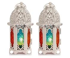 Nuptio Linterna De Vela Estilo Marroquí De 2 Piezas - Portavelas De Tealight De Tamaño Pequeño con Paneles De Vidrio Coloful Ideal para Patios, Interiores Exteriores, Eventos, Fiestas Y Bodas, Blanco