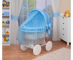 WALDIN Cuna Moisés, carretilla portabebés XXL, 44 colores a elegir,Madera/ruedas lacado en blanco,color textil azul/a cuadros