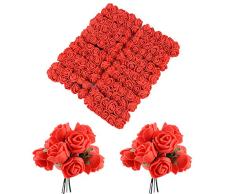 BUONDAC 144pcs Mini Rosas Flores Ramos de Rosas Artificiales en Espuma para Manualidades Decoración de Boda Fiesta Navidad Hogar Rojo