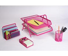 Exerz Bandejas Oficina 4 Piezas de Malla/Oficina Conjunto de 4 Piezas - Bandeja de Letras con 2 Plantas, Estante de Letras, Portalápices, Sostenedor de clipso & Notas (Rosado)
