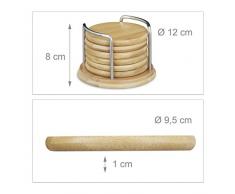 Relaxdays Posavasos, Seis salvamanteles con Soporte, Bambú, Redondos, 9,5 cm, 1 Set, Marrón