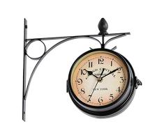 vrsupin0 Reloj de Pared Decoración Funciona con Pilas Und Doble Cara Jardín Estación Café Barra Estilo Europeo Montaje Retro Colgante Metal Exterior Vintage (Blanco) - Negro, Free Size