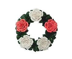 Flores funerarias - Corona floral de cerámica rojo-blanco - Flores de tumbas - Flores de cementerio - Flores funeral - Rosas - Decoración de mesa o jardín -idea de regalo - Resistente a la intemperie
