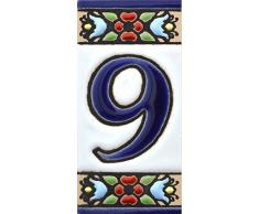 Números casa. Numeros y letras en azulejo ceramica policromada, pintados a mano técnica cuerda seca. Nombres y direcciones. Diseño FLORES MINI 7,3 cm x 3,5 cm. (NUMERO NUEVE "9"