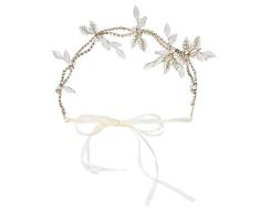 Cremación Memorial Corona nupcial de las mujeres Hojas de aleación de las señoras Corona Perlas de imitación Diadema nupcial Tocado de diamantes de imitación Tocado Novia Corona de cabello con cinta a
