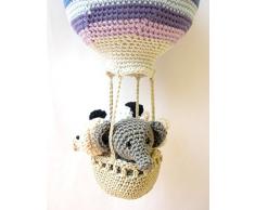 Globo de aire caliente decoración de vivero, en rayas azules, menta, gris y púrpura, con animales de ganchillo