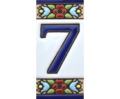 Letreros con numeros y letras en azulejo de ceramica, pintados a mano en técnica cuerda seca para nombres y direcciones. Texto personalizable. Diseño FLORES MINI 7,3 cm x 3,5 cm. (NUMERO SIETE "7")