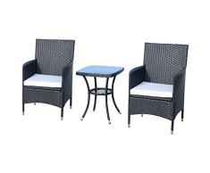 Outsunny Conjunto de Muebles Ratán para Jardín Formado por 1 Mesa y 2 Sillones con Cojines Estructura de Metal y Ratán Negro