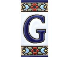 Letreros con numeros y letras en azulejo de ceramica policromada, pintados a mano en técnica cuerda seca para placas con nombres, direcciones y señaléctica. Texto personalizable. Diseño FLORES MINI 7,3 cm x 3,5 cm. (LETRA "G")