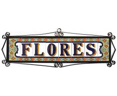 Letreros con numeros y letras en azulejo de ceramica policromada, pintados a mano en técnica cuerda seca para placas con nombres, direcciones y señaléctica. Texto personalizable. Diseño FLORES MEDIANO 10,9 cm x 5,4 cm. (LETRA "C")