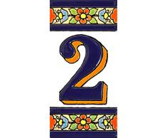 ART ESCUDELLERS Números casa. Numeros y Letras en azulejo Ceramica policromada, Pintados a Mano técnica Cuerda Seca. Nombres y direcciones. Diseño Flores Mediano 10,9 cm x 5,4 cm. (Numero Dos 2)